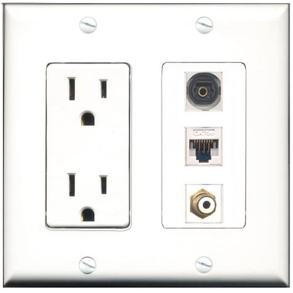 RiteAV - 15 Amp Power Outlet 1 Port RCA White 1 Port Toslink 1 Port Cat5e Ethernet White Decorative Wall Plate