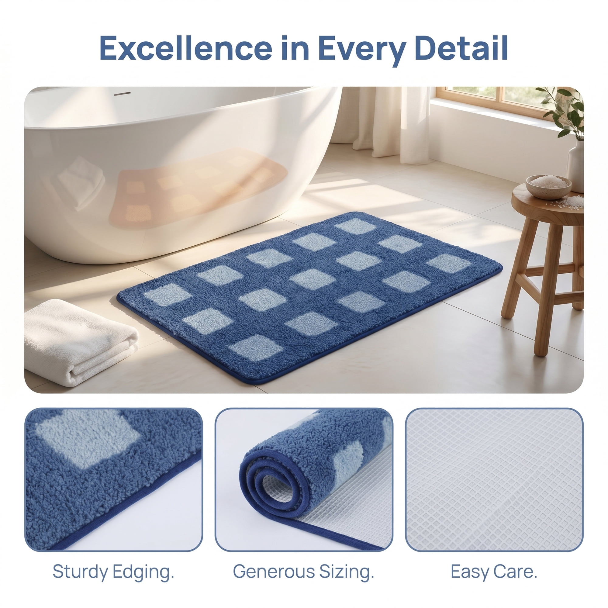 Unique Bargains Absorbent Non Slip Checkered Soft Plush Quick Dry Bath Mat Blue 32" x 20"