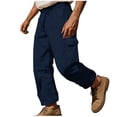 thumbnail image 3 of Men Linen Pants Casual Trousers, Loose Fit Drawstring Multi-Pocket Full Length, Breathable Lightweight Summer Travel, Outdoor Hiking Daily Work | AKLJWH,Dark Blue M, 3 of 7