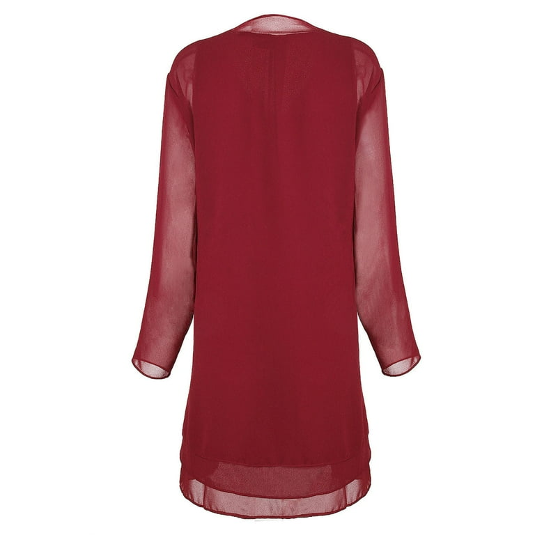 WTXUE Long Sleeve Dress, Women's Chiffon Stitching Long Sleeves in The Long  Two Piece Dress Set, Red Dresses for Women, Dark Red 2XL