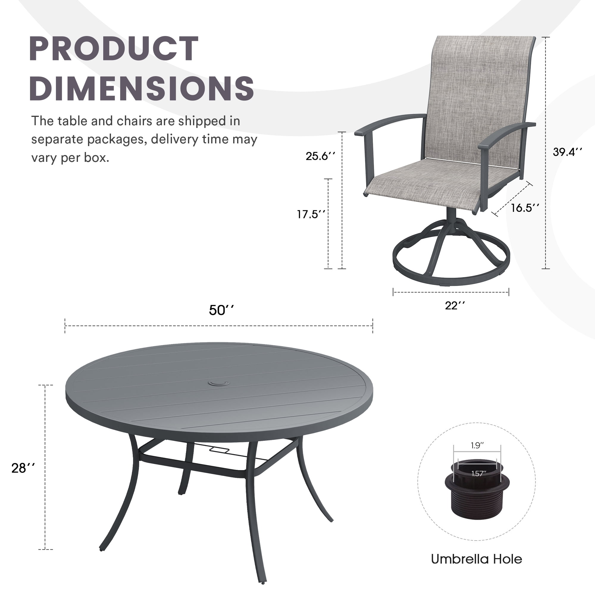 DIFY 7PCS Patio Dining Furniture Set, 50" Round Slatted Table and 6 Swivel Textilene Chairs