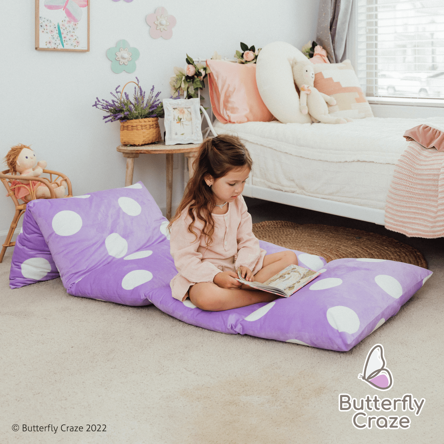 Butterfly Craze Floor Pillow Bed Lounger Cover, Cozy & Stylish Seating Solution for Kids & Adults, Recliner Floor Cushion for Ultimate Comfort, Holds 5 Pillows, Cover Only, Purple Polka Dot, King