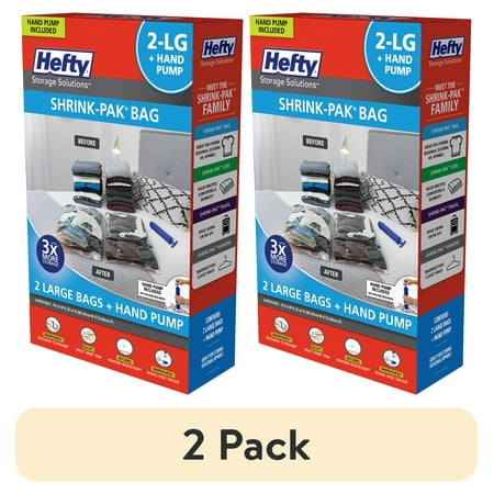 (2 pack) Hefty Shrink-Pak 2 Large Vacuum Compression Bags, with 1 Hand Pump, Closet Organizer, Adults and Tweens.