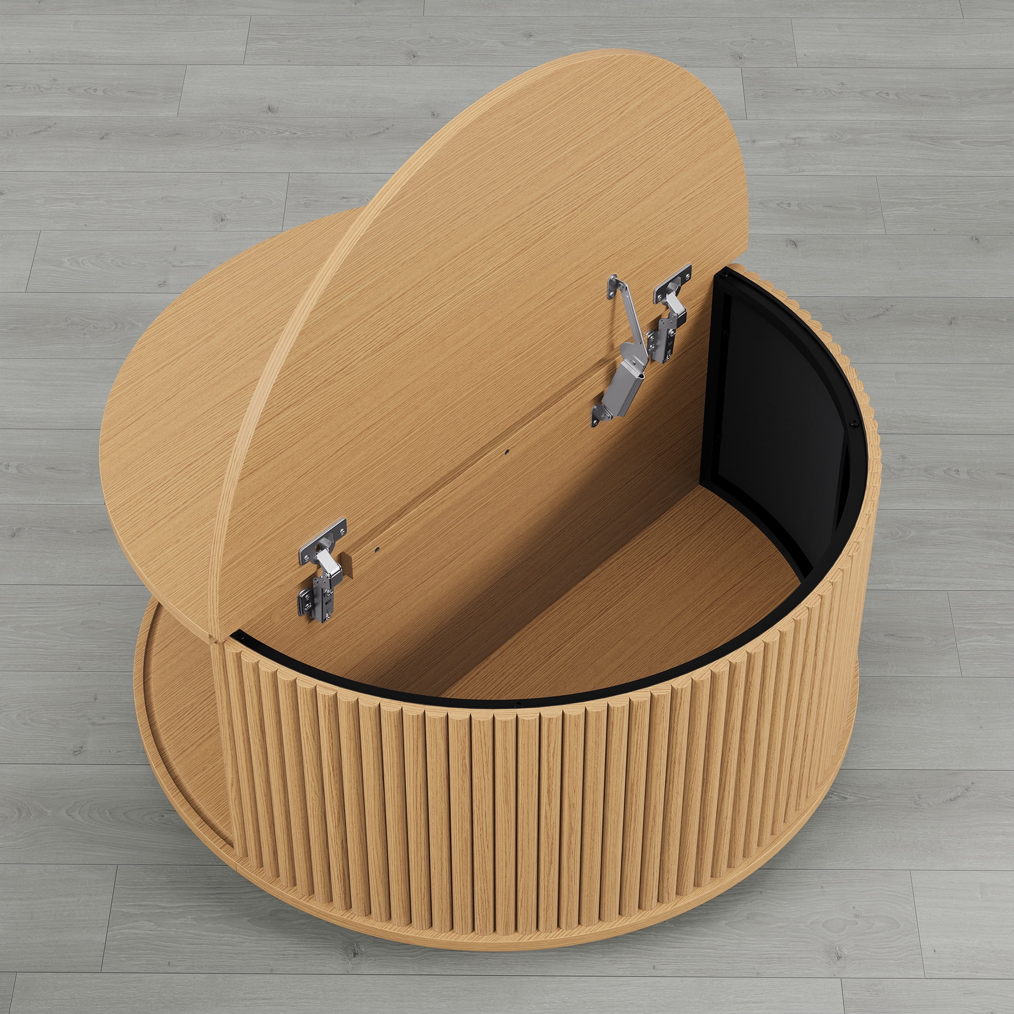 Spruce & Spring 31.5" Round Lift-Top Coffee Table with Storage, Fluted Drum Table with Sliding Door & Curved Pet Opening, Mid-Century Modern Wood Coffee Table for Living Room and Small Spaces, Oak