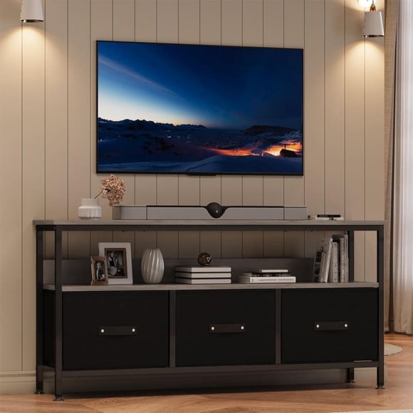 Ourlova Grey 47.2 Inch TV Stand with 3 Drawers for 55, 50, 43 Inch TV, Bedroom, Living Room TV Stand Dresser, TV Console Entertainment Stand