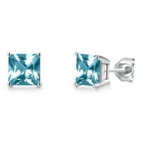 Gem Stone King 14K White Gold Ice Blue Topaz Double Notch Stud Earrings | 2.60 Cttw | Gemstone November Birthstone | Princess 6MM | Gold Earrings for Women Men