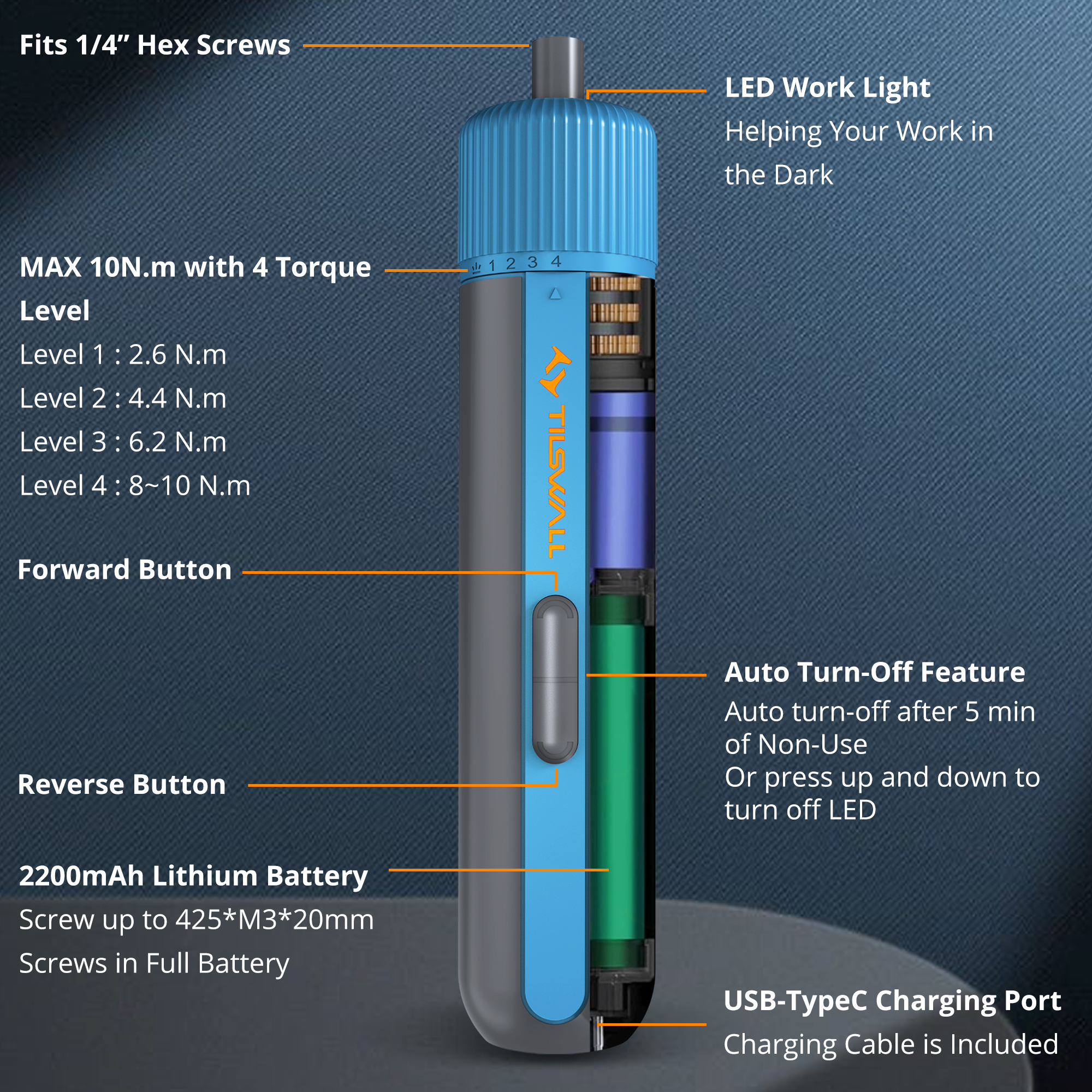 Tilswall 4V Cordless Electric Screwdriver, with LED Light, 25pc S2 Steel Bits, for Furniture, Electronics Repair, Blue