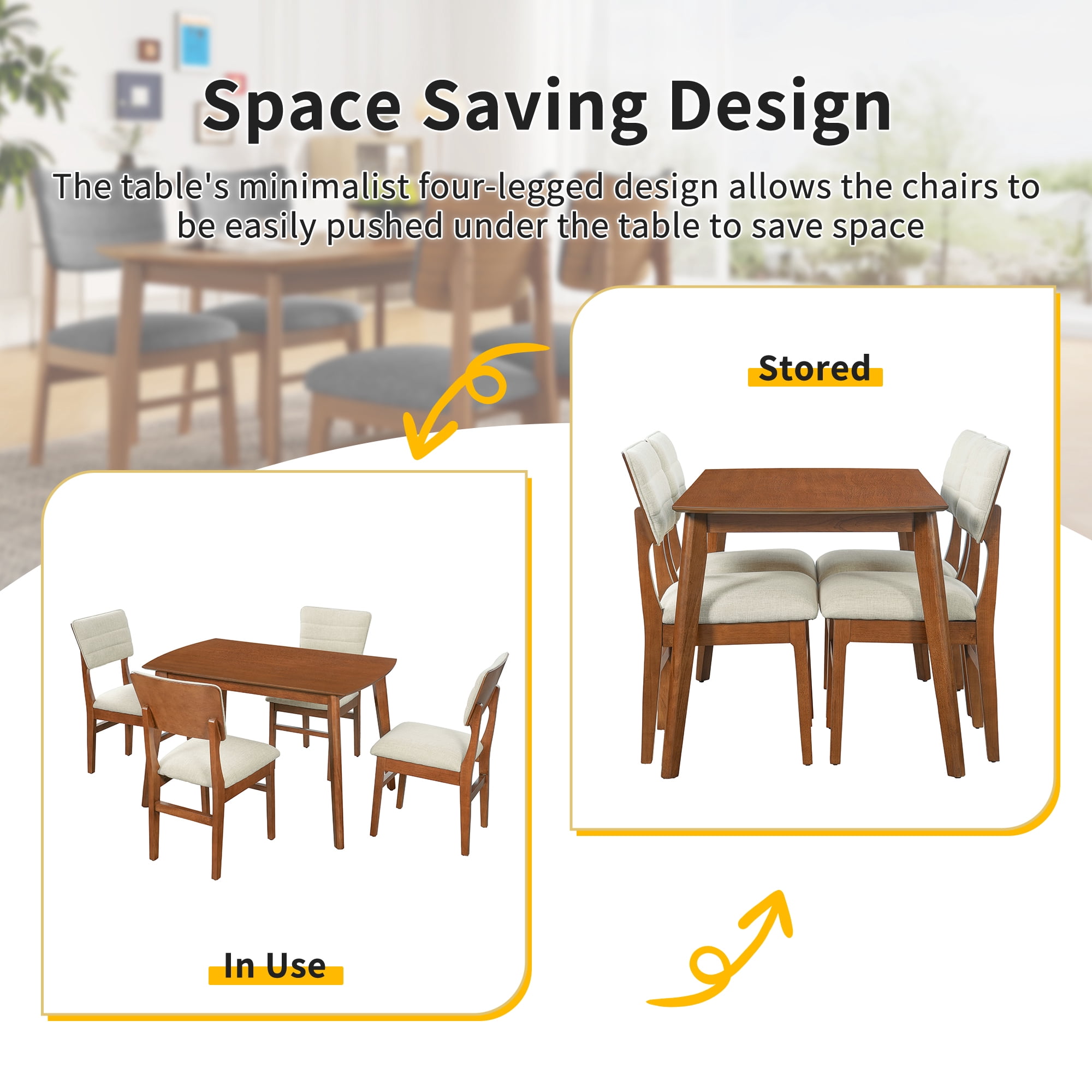 Euroco 5-Piece Wood Dining Table Set for 4,Farmhouse Kitchen Table & 4 Upholstered Chairs Set with Curved Backrest for Kitchen, Dining Room,Space-Saving,Brown+Biege