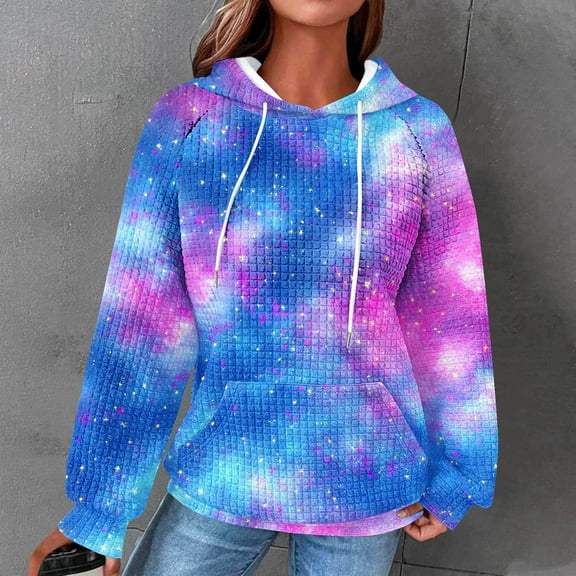 Craaazy Hoodies For Women Waffle Hooded Sweater Long Sleeve Casual Drawstring Tie-dye Pullover Pocket Tops Womens Tops