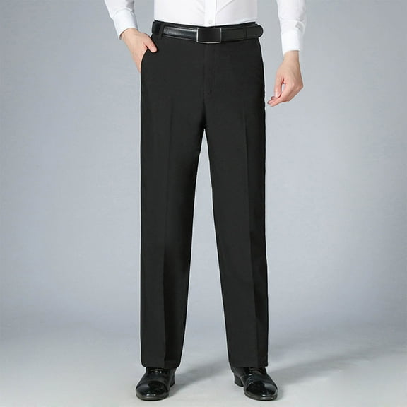Mens Black Dress Pants Solid Color Zipper Button Straight Leg Wide Leg Casual Suit Pants