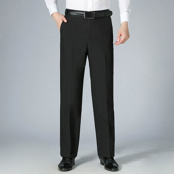 Pantalones largos para hombre, color liso, con cremallera, botones, pierna recta, pierna ancha, pantalones de traje casuales, pantalones de poliéster para hombre