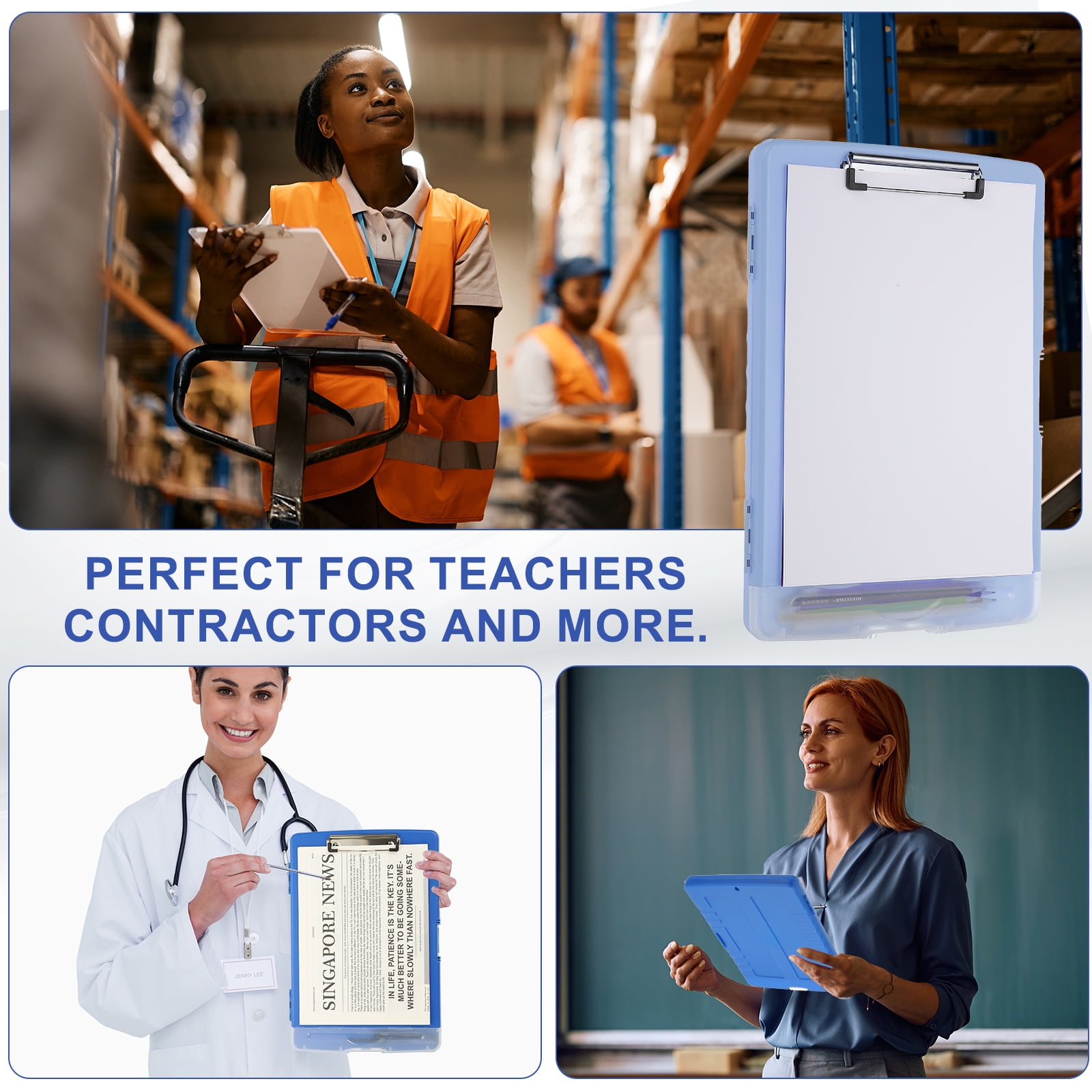 Uxcell 14'' x 10'' Metal Clipboard with Plastic Storage Large Capacity Clipboards Case for Writing Light Blue
