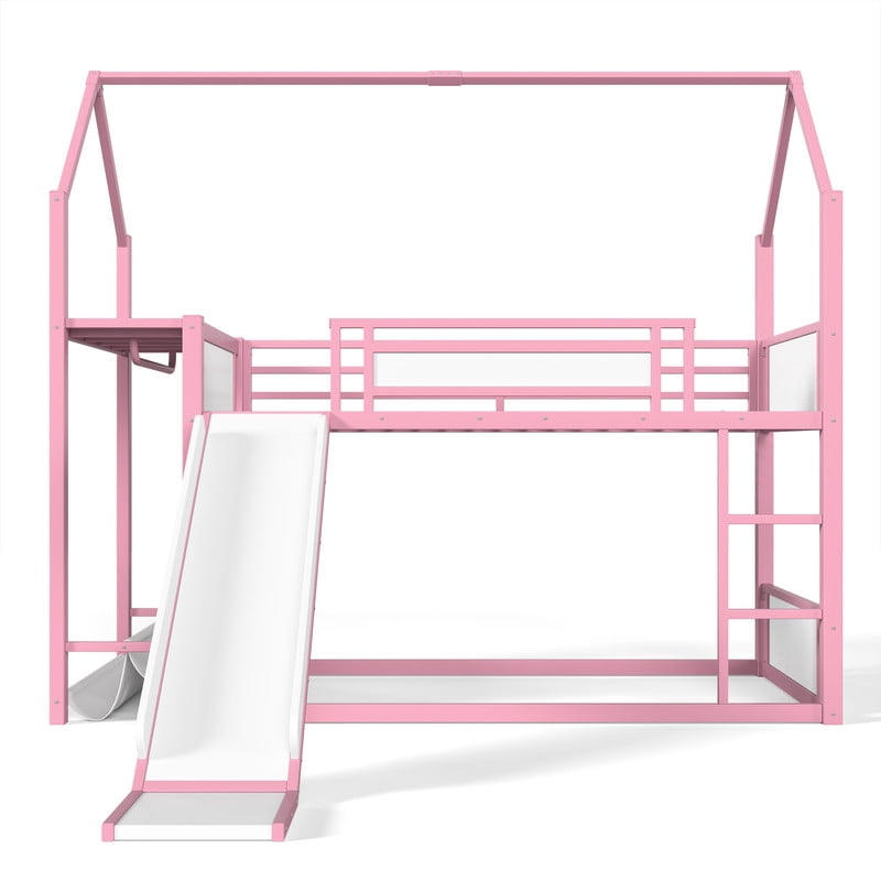 Twin Over Twin Metal Bunk Bed with Slide, LED Hanging Area, Fabric Storage Shelf, Power Outlet, House-Shaped Playhouse Frame, Safety Guardrails, Ladder, Low Profile Kids Bunk Bed