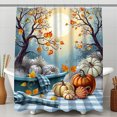 thumbnail image 1 of Whimsical Rideau de Douche à Carreaux Bleus avec Pleine Lune & Arbres d'Automne, 1 of 4