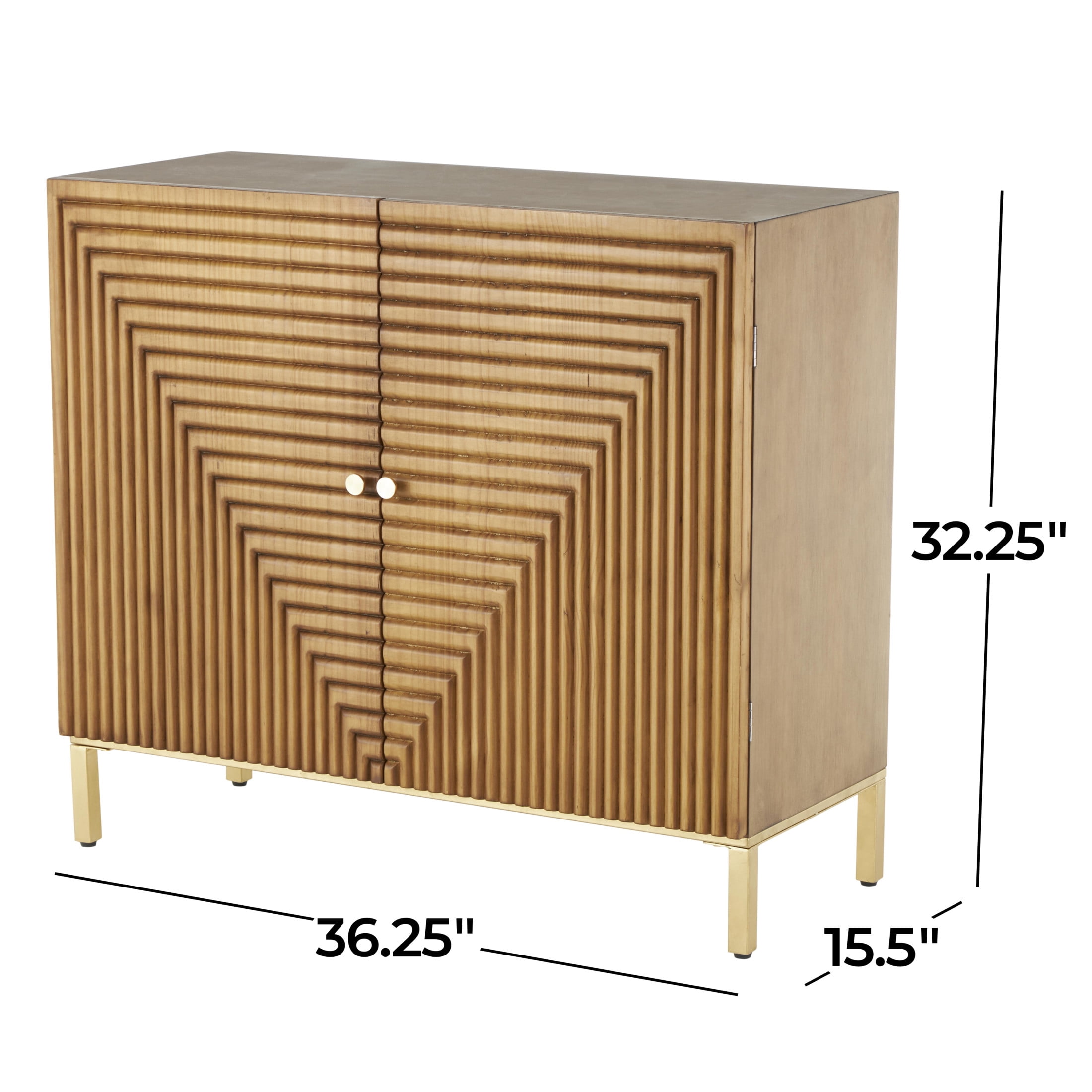 DecMode 36" x 32" Brown Wood Carved Square Geometric Cabinet with Gold Accents, 1-Piece