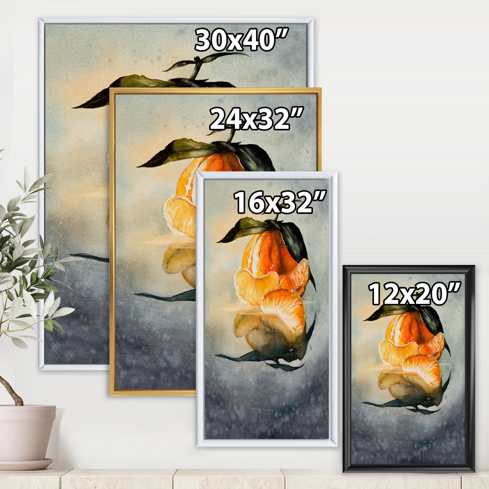 Designart 'One Peeled Fresh Orange Mandarin Under Green Leaves' Traditional Framed Canvas Wall Art Print