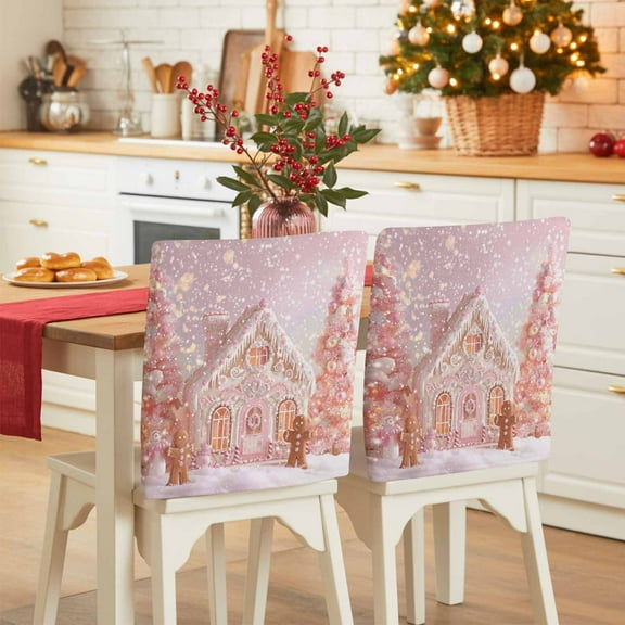 Christmas Tree Chair Covers Set of 4 Pink Xmas Ginger Bread Man House Snowflake Fantasy Chair Back Covers Stretch Removable Washable Slipcovers Protector for Dining Room Kitchen Party Decor