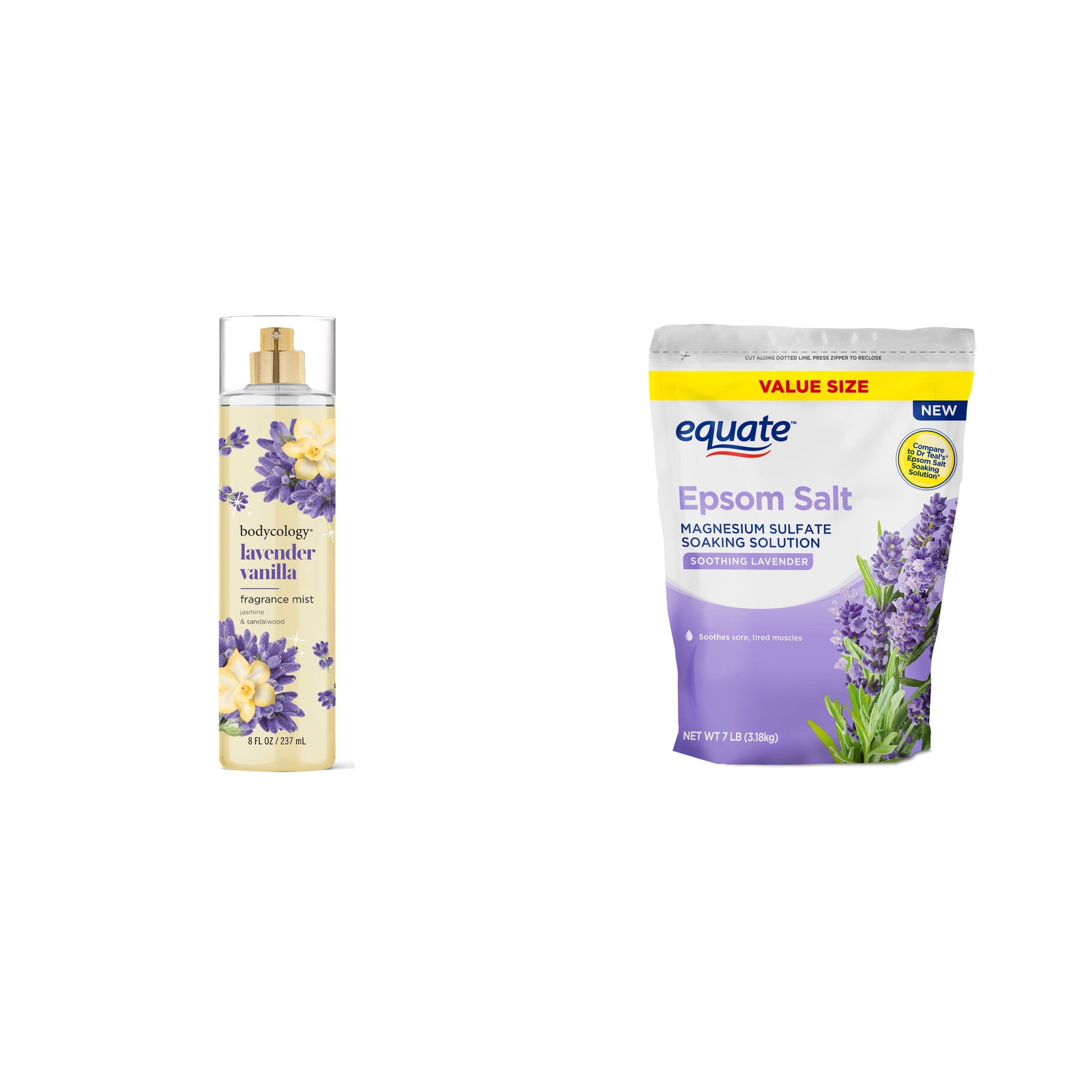 Bodycology Long-Lasting Fragrance Body Mist, Lavender Vanilla & Equate Epsom Salt Soaking Solution, Soothing Lavender, 7 lbs Bundle