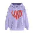 thumbnail image 3 of Jinhomg Women's Heart Print Sweatshirts Holiday Casual Kangaroo Pocket Drawstring Hoodies Fall Comfy Long Sleeve Hooded Sweatshirt Purple XL, 3 of 6