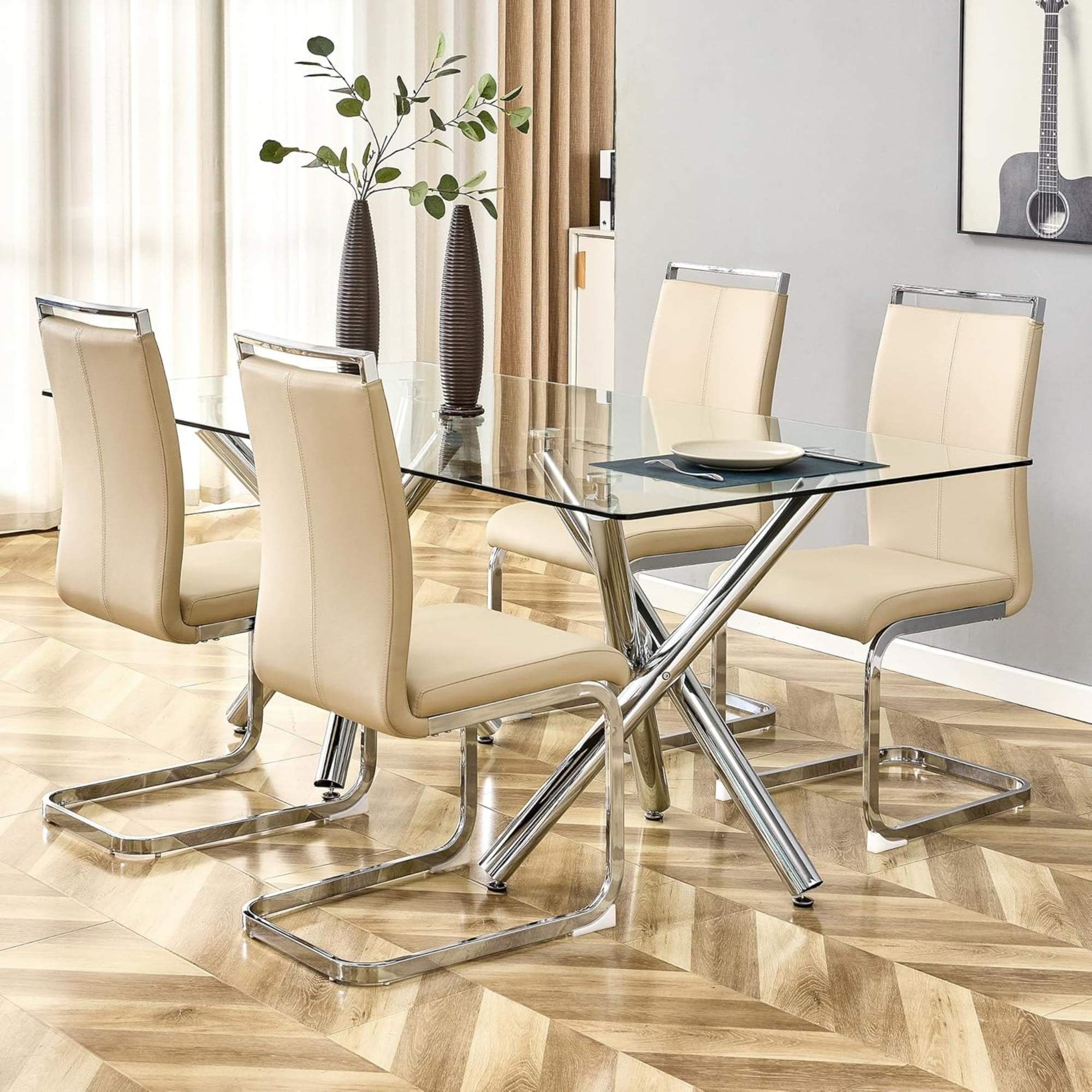 TesNus Dining Chair Set, Beige PU Leather High Back with Chrome Cantilever Frame, Set of 4 for Dining Room