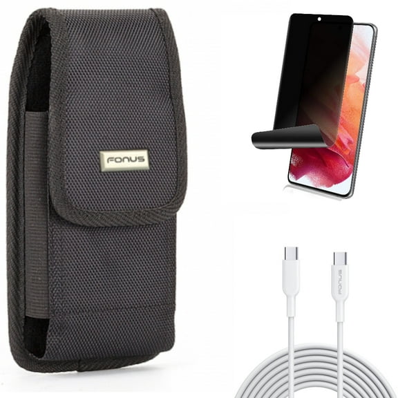 Privacy Screen Protector & Case Belt Clip & 10ft Long Type-C Cable for Samsung Galaxy S22 (6.1") - TPU Film Fingerprint Works & Swivel Holster & Fast Charger Cord PD Accessory Bundle