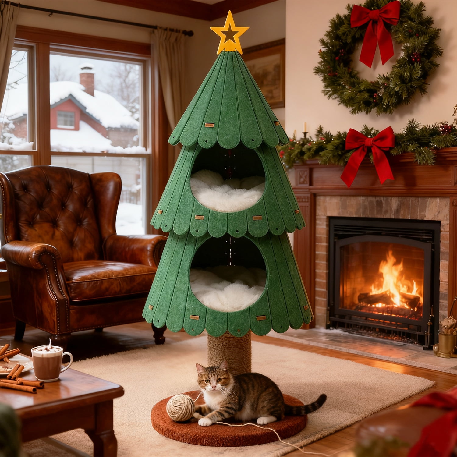 42.9" PEQULTI Christmas Cat Tree for Indoor Cats Cat Tower with 2 Cozy Houses Cat Furniture Green