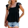 thumbnail image 2 of Débardeur Blouse Babydoll à Basque pour Femme, Décontracté, Col Carré, Manches Courtes à Volants, Noir, M, 2 of 8