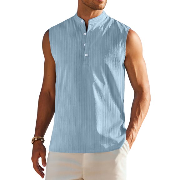 Men's Sleeveless Button Up Tank Tops Mandarin Collar Textured Fabric Casual Summer Beach Shirts,Light Blue,XL