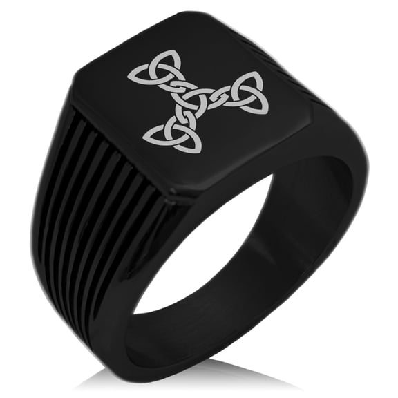 Stainless Steel Celtic Triquetra Interlaced Knot Needle Stripe Pattern Biker Style Polished Ring