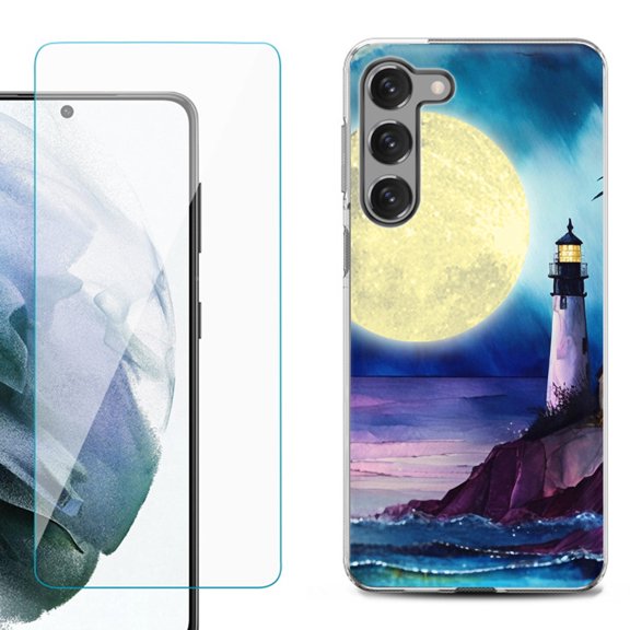 Shockproof Pone Case Cover for Samsung Galaxy S23  / S23 Plus 5G, with Tempered Glass Screen Protector, by OneToughShield ® - Lighthouse Moon