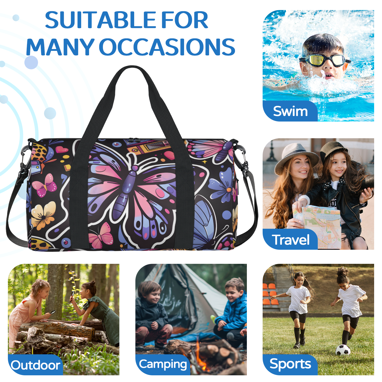 Herdesigns Butterfly Travel Duffle Bag Sports Yoga Weekender Overnight Carry on Workout Bags Lightweight Waterproof Gym Tote Bag for Women Butterflies