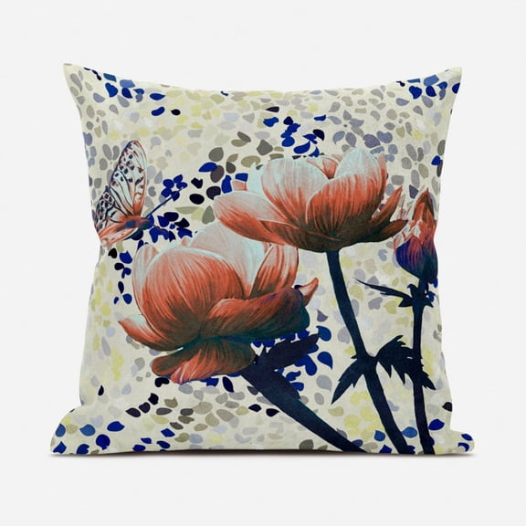 Three Roses with Butterfly Throw Pillow with Removable Cover in Orange Dark Green Yellow 16x16