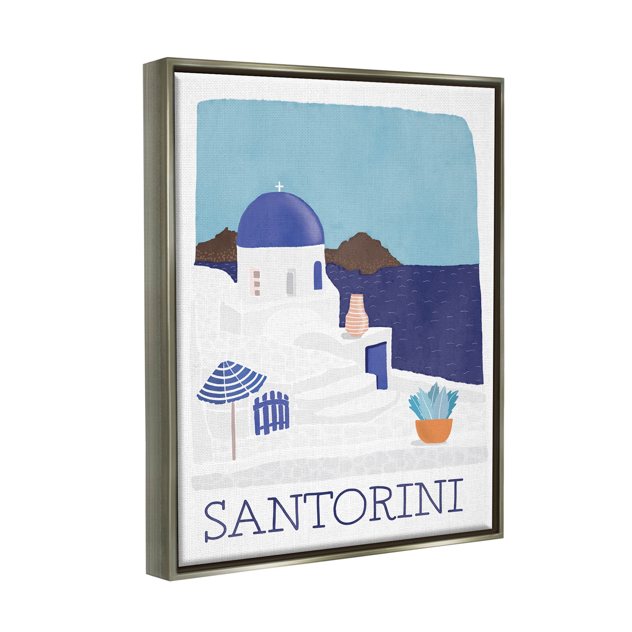 Santorini Vacation Island View Landscape Graphic Art Luster Gray Framed Art Print Wall Art