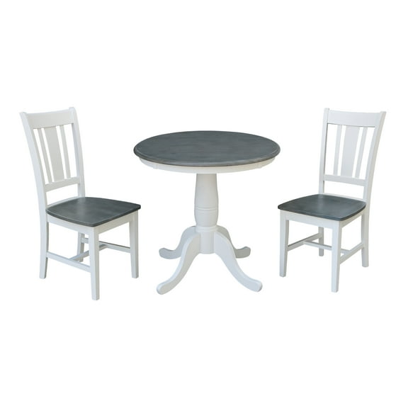 30'' Round Solid Wood Pedestal Dining Table with 2 San Remo Splat Back Dining Chairs in White/Heather Gray