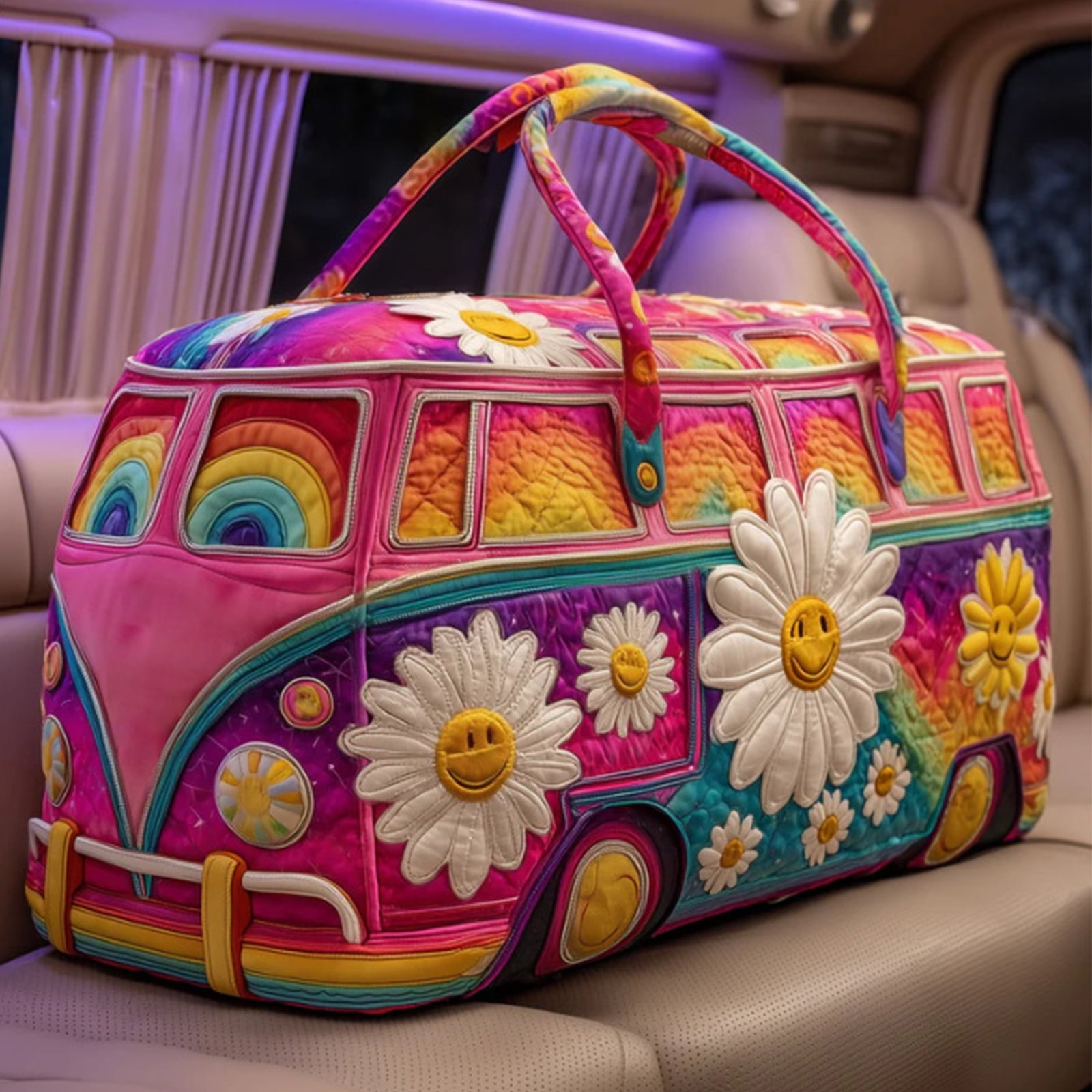 Quilted Hippie Van Duffle Bag with Adjustable Strap, Medium 18-inch Bohemian Weekender Bag for Travel, Durable Polyester Quilted Carryall for Gym Yoga Dance,U