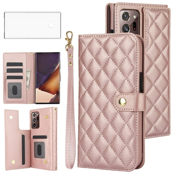 Asuwish Phone Case for Samsung Galaxy Note 20 Ultra 5G Wallet Cell Cover with Tempered Glass Screen Protector Lanyard Card Holder Note20 Plus Notes 20Ultra Note20  U   20  Twenty Not S20 RoseGold