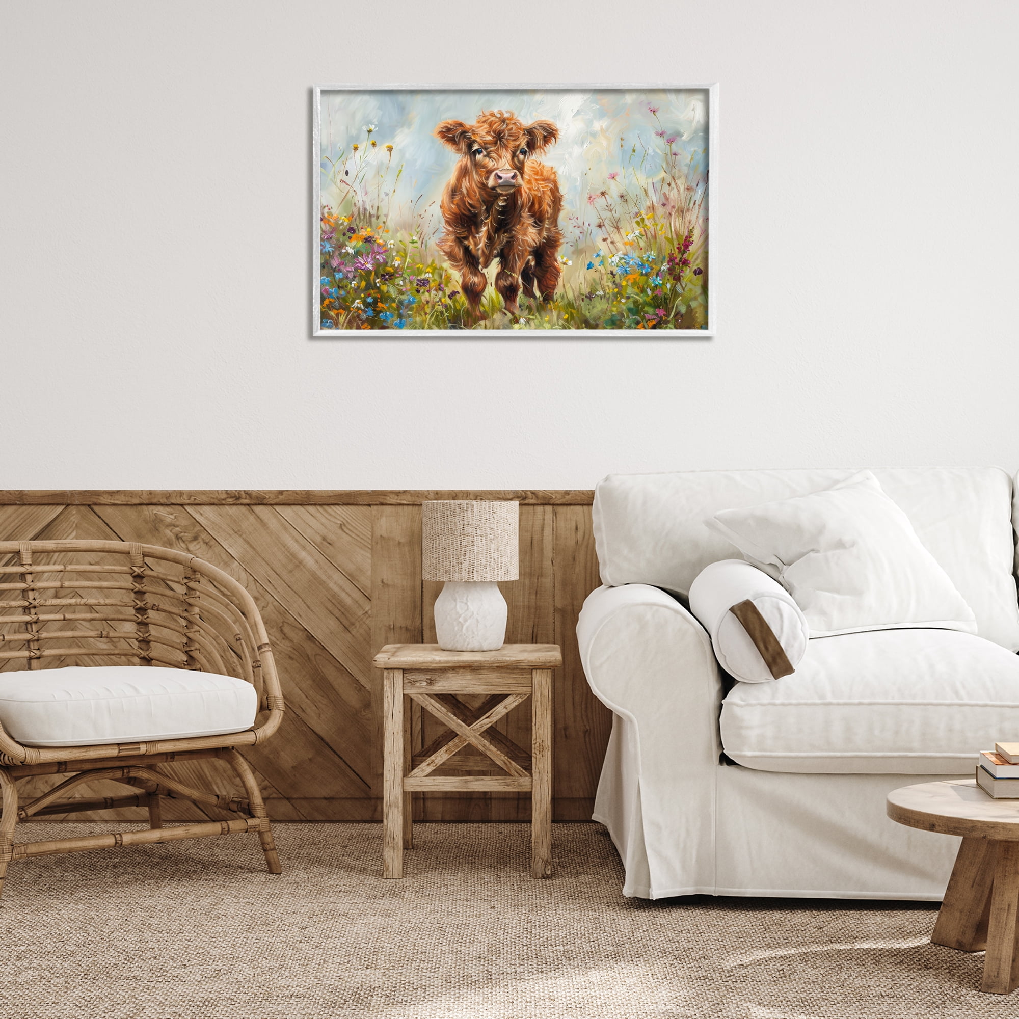 Stupell Industries Mountain Cow Scene Animals & Insects Painting White Framed Art Print Wall Art, 30 x 20