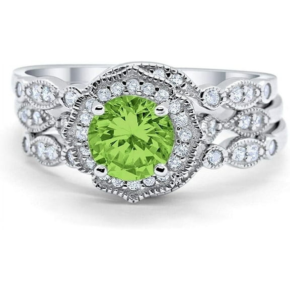 NYS Jewellers 925 Sterling Silver 2.45 Ct Round Cut Green Peridot Wedding Engagement Thanksgiving Christmas Bridal Ring Set 14K White Gold Plated For Women's -5.5
