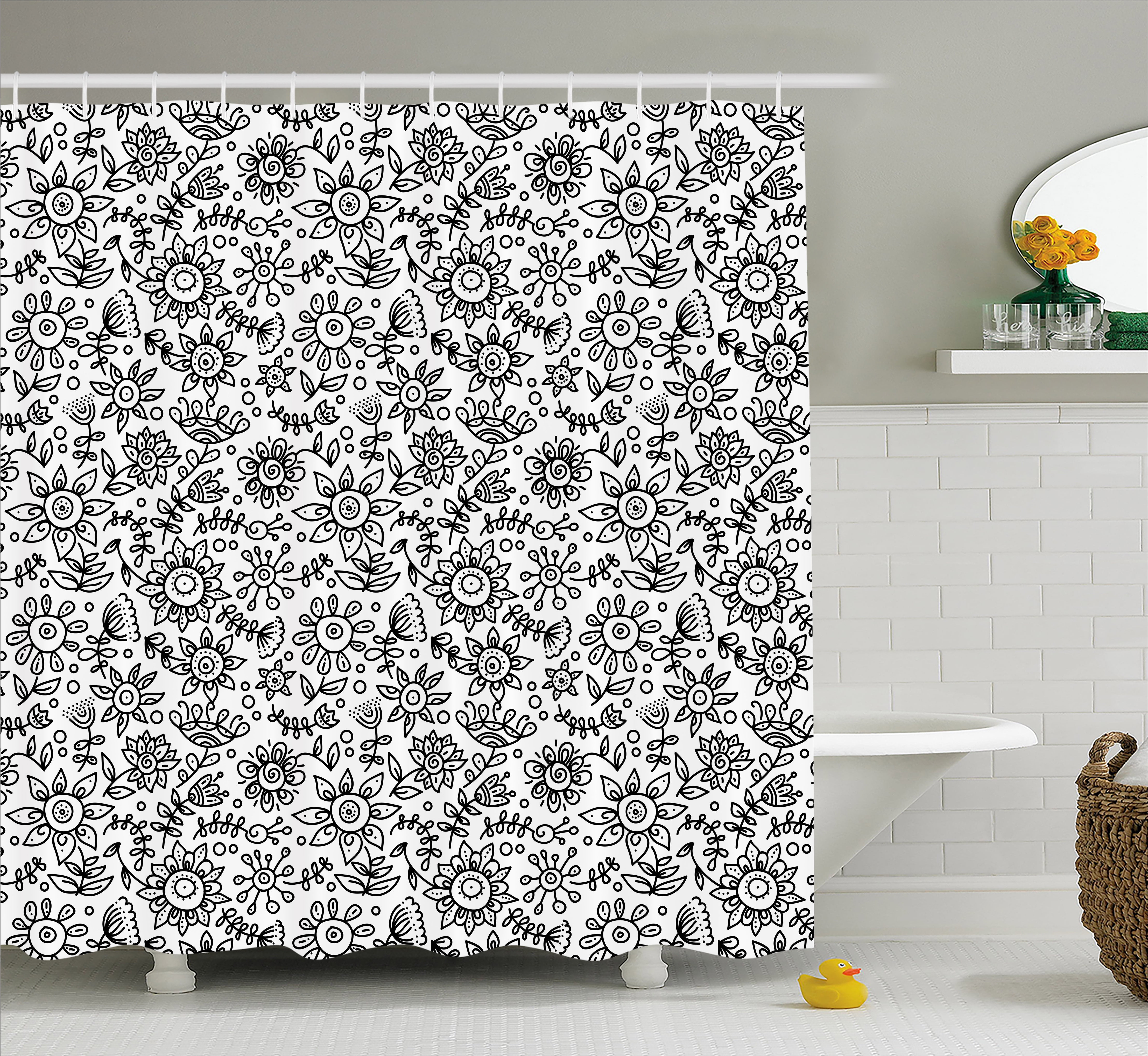 Black and White Shower Curtain, Floral Composition Doodle
