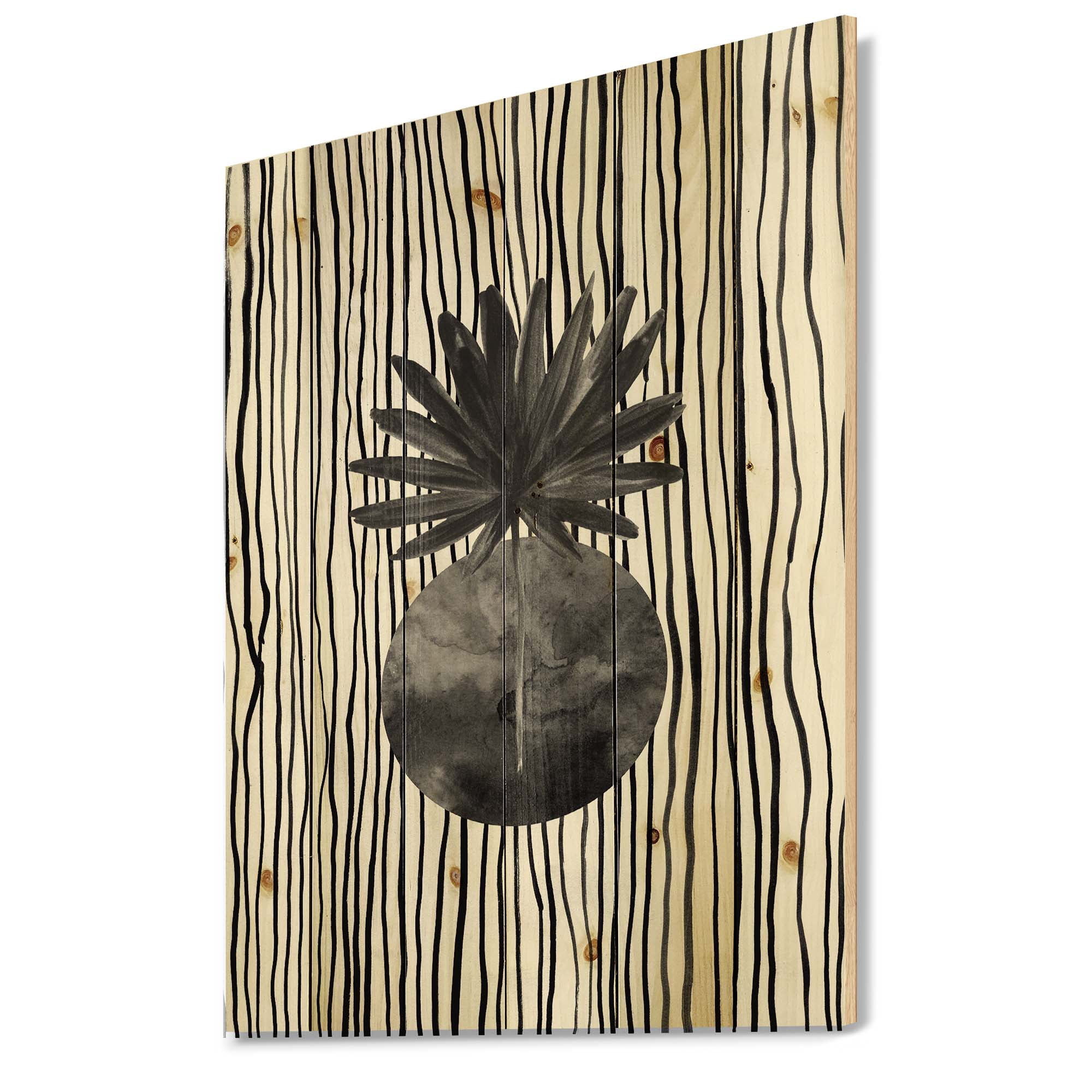 Designart 'Black and White Striped Under Tropical Leaf I' Modern Print on Natural Pine Wood