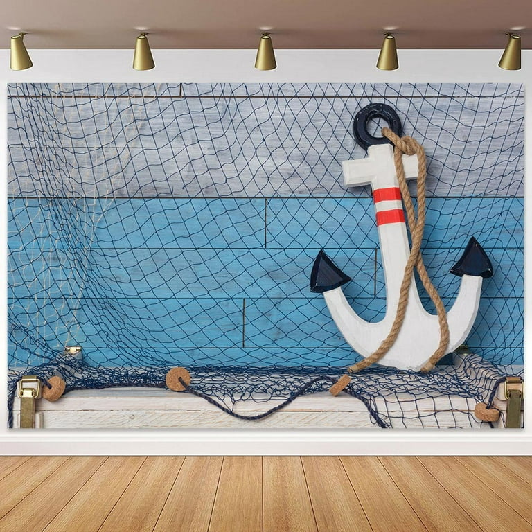 Nautical Party Backdrop, 7X5Ft Blue and White Anchor Photography