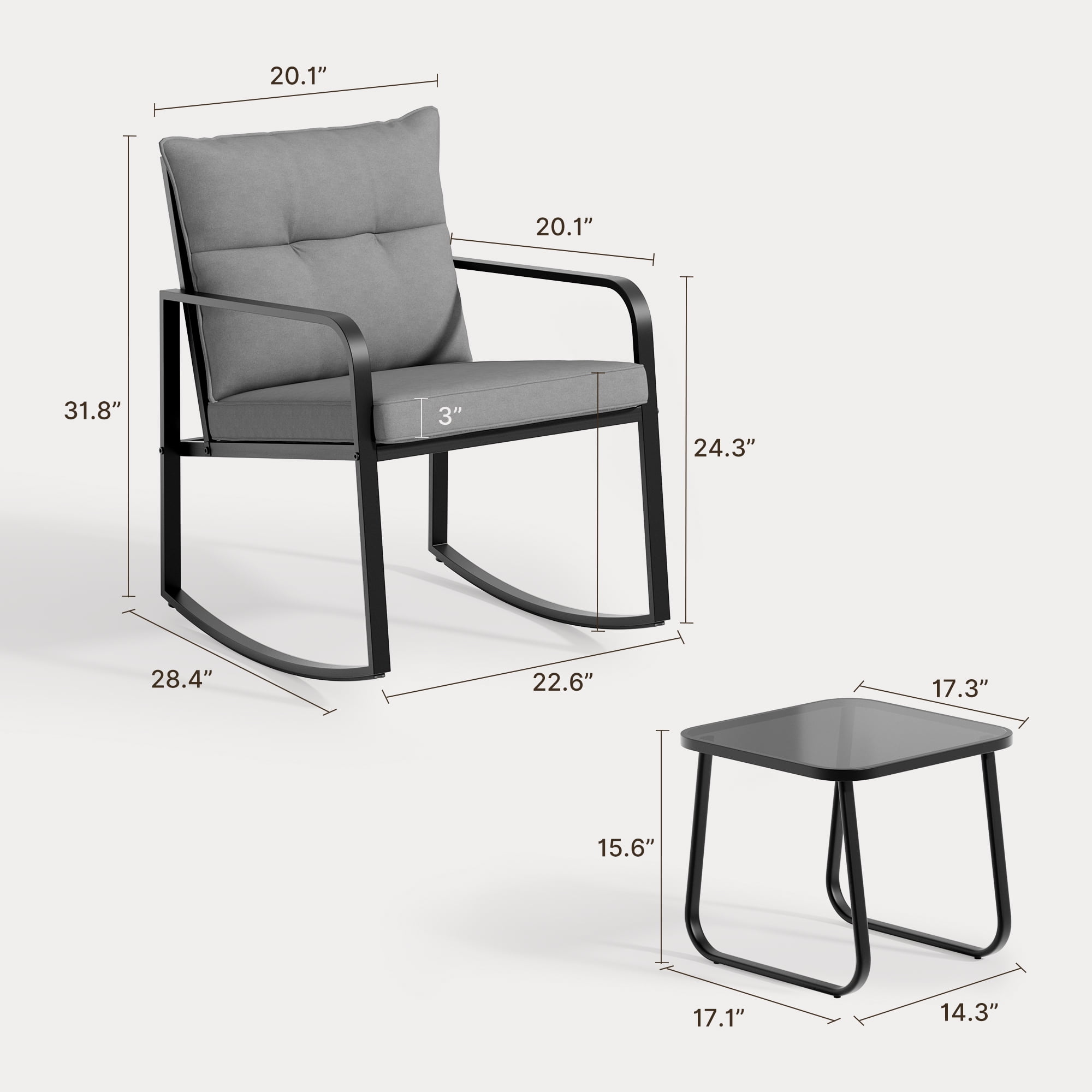 Lofka 3-Piece Outdoor Rocking Patio Furniture Set, Weather-Resistant Iron Frame with Tempered Glass Table & Cushions for Garden Poolside