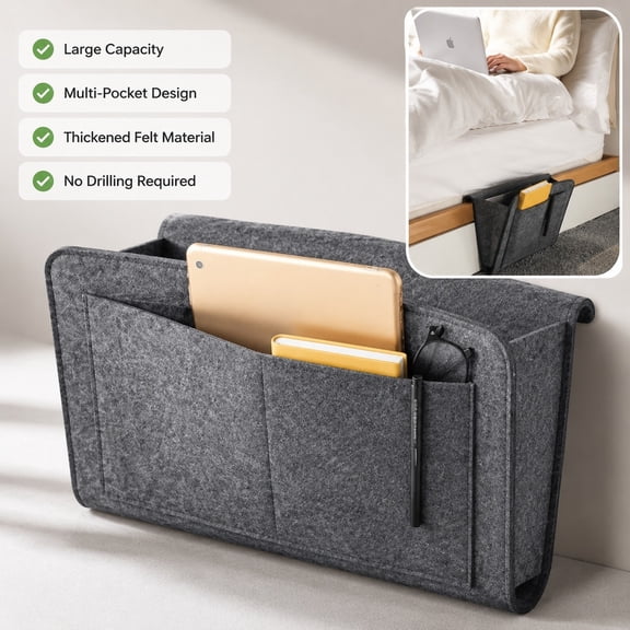 Felt Bedside Organizer 1 Pack, Multi Pocket Hanging Storage Caddy for Bed with Strap 12.6x3.9x7.9in, Gray