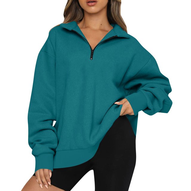 Sudadera con cremallera de color sólido de manga larga casual de moda para mujer azul marino/XL