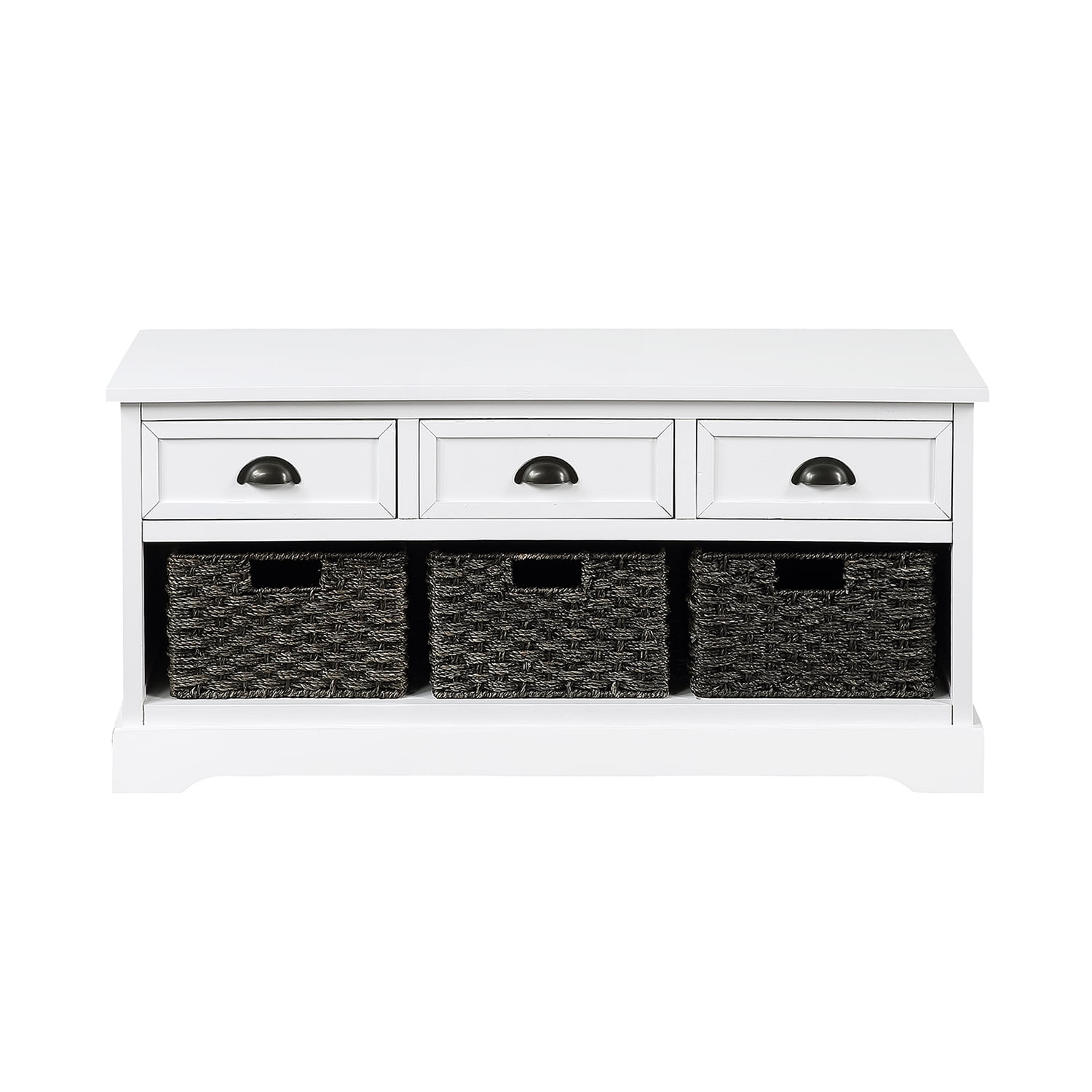 Kadyn Wood Storage Bench, Entryway Shoe Storage Bench with 3 Drawers and 3 Woven Baskets, Modern MDF Bench Seat for Entryway, Bedroom, White Kadyn Wood Storage Bench, Entryway Shoe Storage Bench with 3 Drawers and 3 Woven Baskets, Modern MDF Bench Seat for Entryway, Bedroom, White
