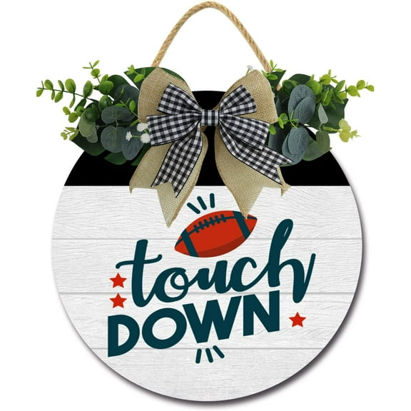 Eveokoki 12" Touch Down Welcome Signs for Front Door Farmhouse Rustic Round Wooden Hanging Wreaths for Home Porch Wall Decor Housewarming Gift Football Lovers Outdoor Indoor