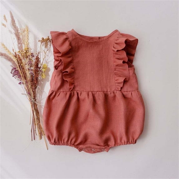 Rhuody Girl'S Onesies Baby Rompers Summer Ruffle Sleeveless Crew Neck Baby Solid Color Jumpsuit Classic Clothing Red 12-18 Months