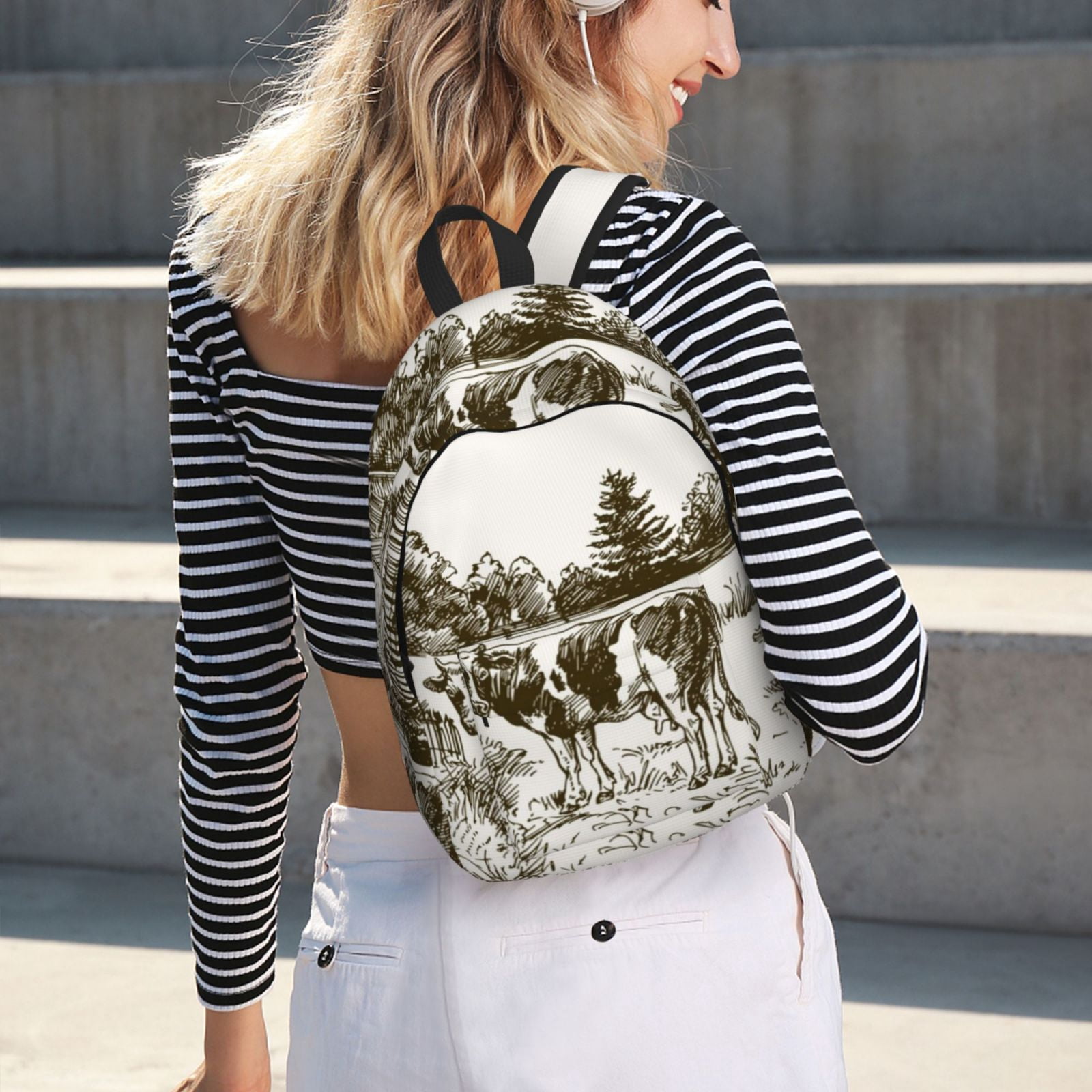 Picia Cows Grazing On The Meadow Printed Canvas Daypack - Stylish and Durable Vintage Compact Backpack - Class, Work, Travel, or Laptop Bookbag,Organized Compartments-Medium