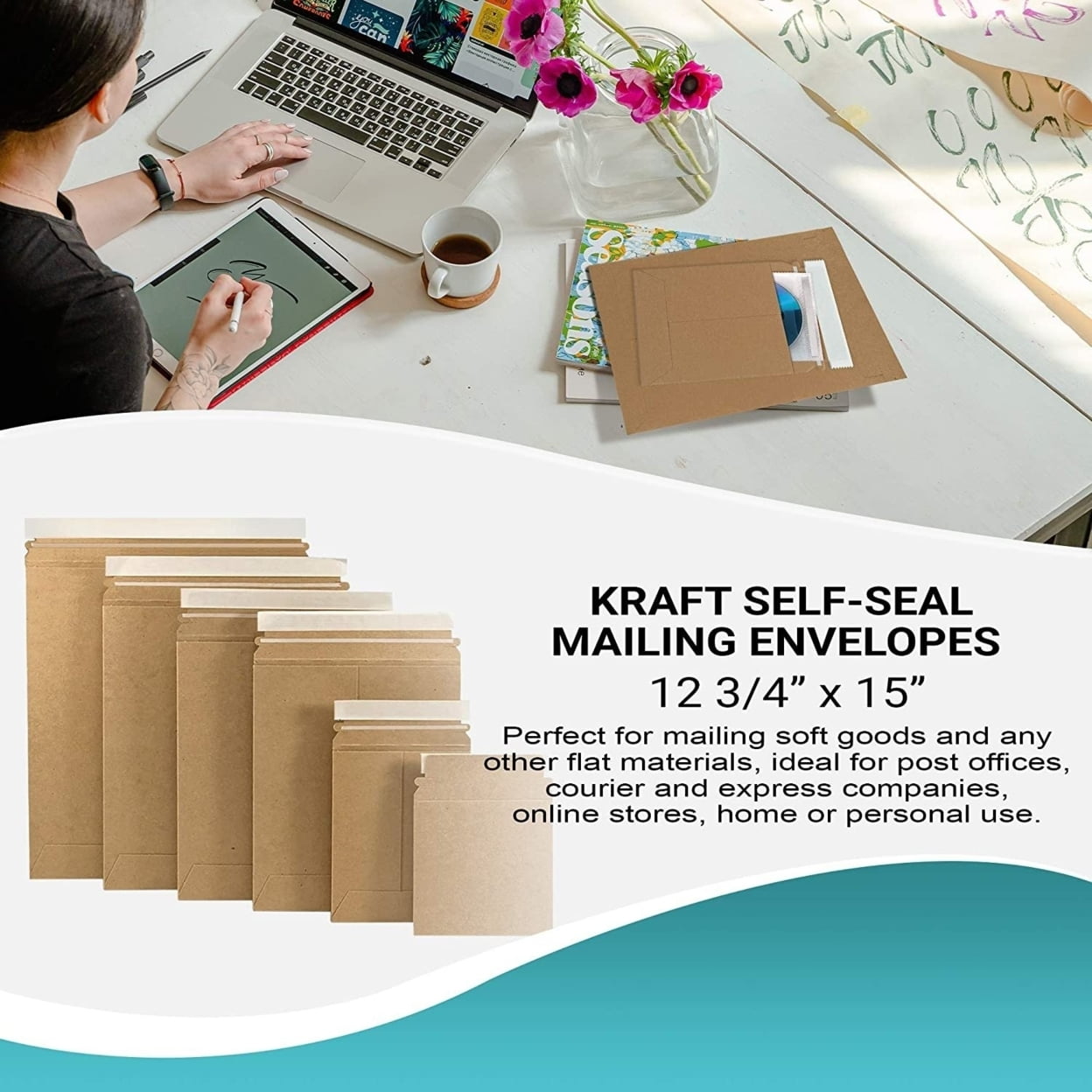 10 Pack Natural Brown Paperboard Rigid Mailers 12.75" x 15" Self-Seal Stay Flat Envelopes /w Pull-Tab Tear Strip