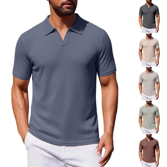 FRSASU Men's Ribbed Polo Shirts Short Sleeve V-Neck Slim Fit Polo Shirt Casual Summer Collared Golf Shirt Navy
